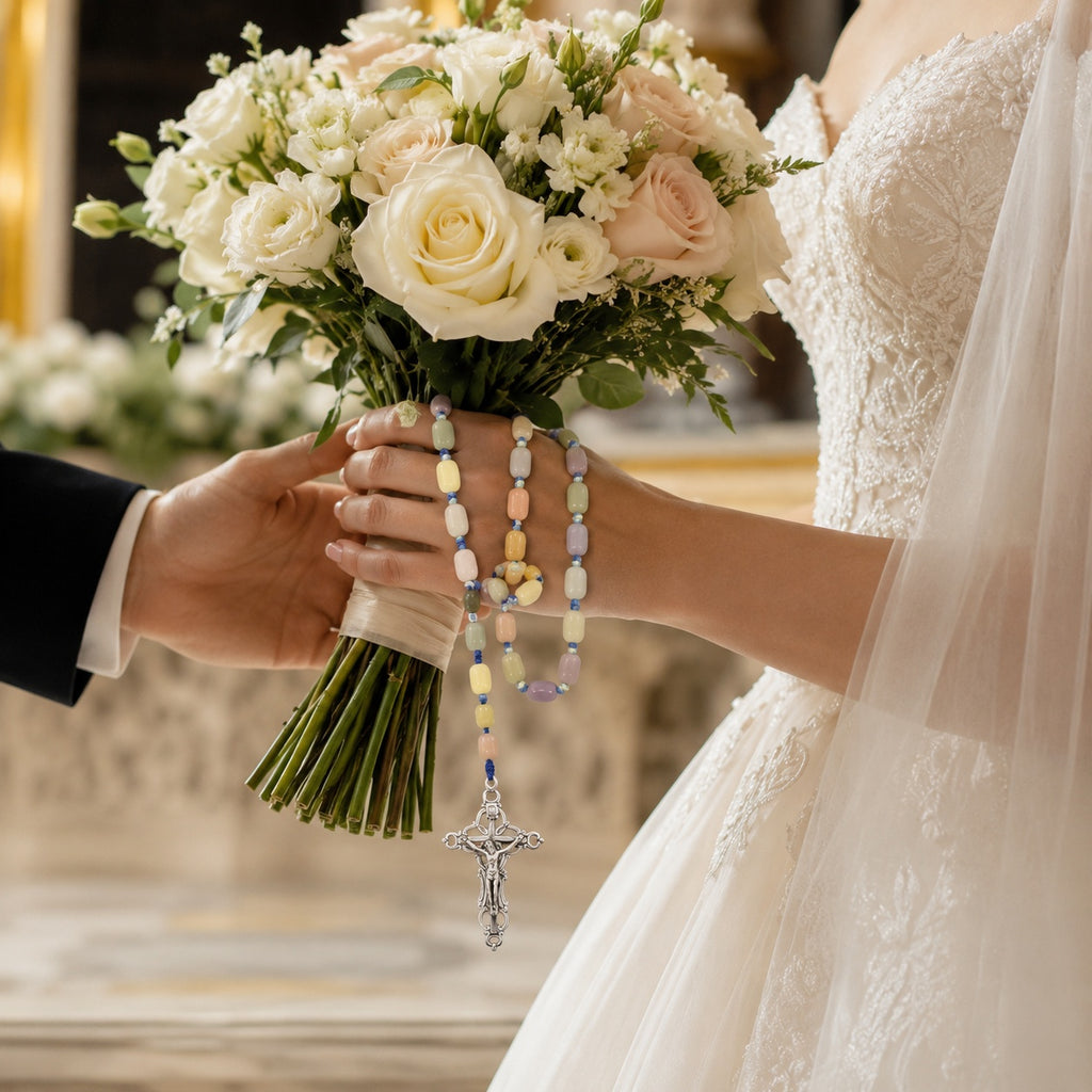 Pastel Catholic wedding rosary for bride with soft multicolor beads, blue knot details, and silver crucifix wrapped around a bridal bouquet