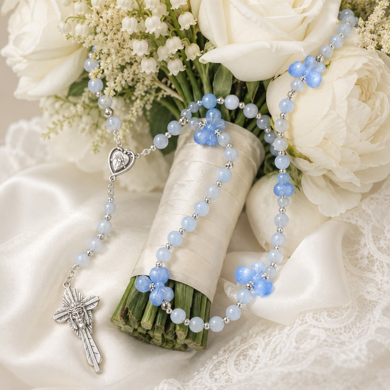 Something Blue Catholic Wedding Rosary, Bridal Bouquet Rosary, Blue Prayer Beads, Bride Gift, Marriage Keepsake