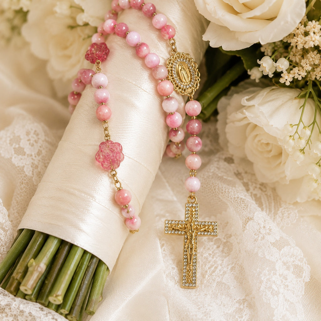Pink Bridal Rosary, Catholic Wedding Rosary, Bride Gift, Virgin Mary Rosary, Bridal Bouquet Prayer Beads