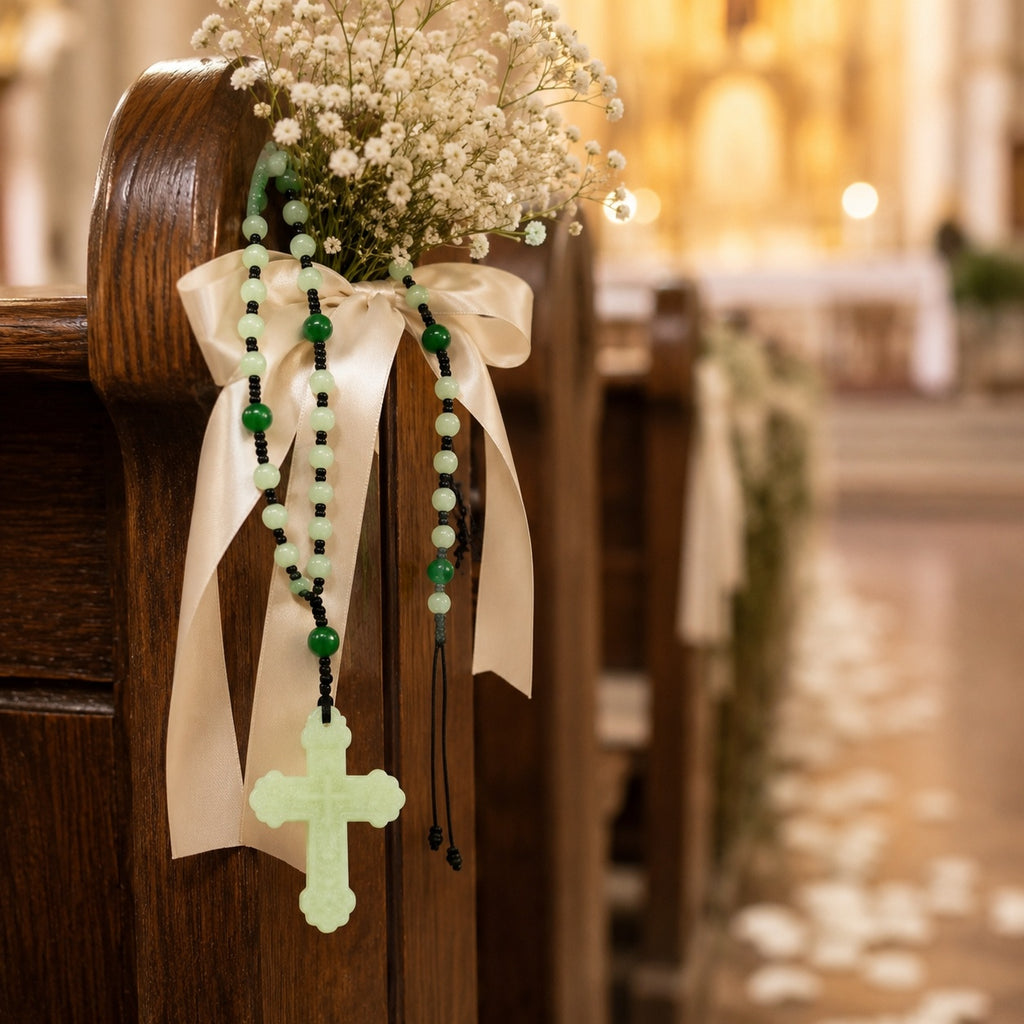 Catholic Wedding Rosary Sage Green Jade Rosary Bridal Bouquet Prayer Beads Wedding Keepsake Gift for Bride Religious Ceremony