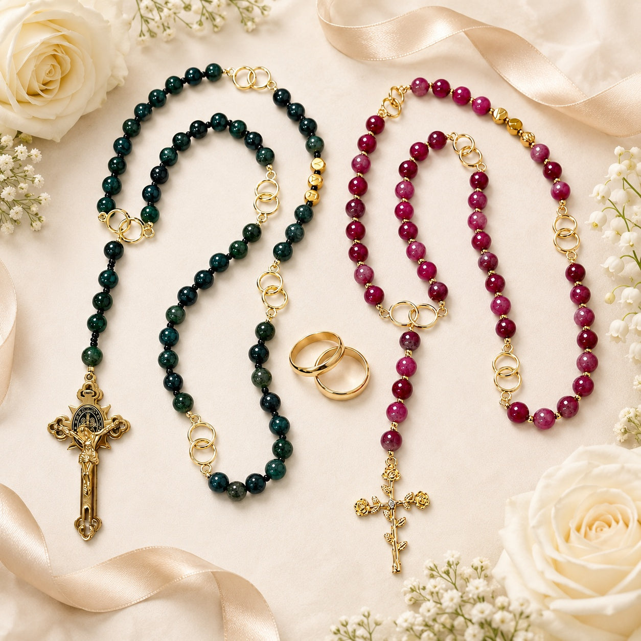 Close-up of handmade Catholic couple rosary set with gemstone beads, gold tone details, and traditional crucifix charms