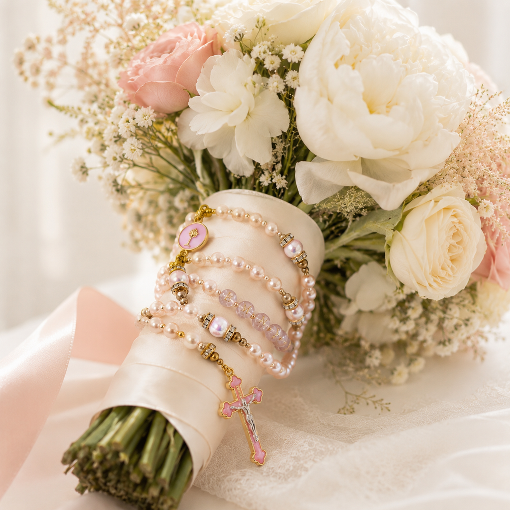 Pink pearl bridal rosary with gold accents, personalized letter beads, and pink crucifix styled on soft wedding lace
