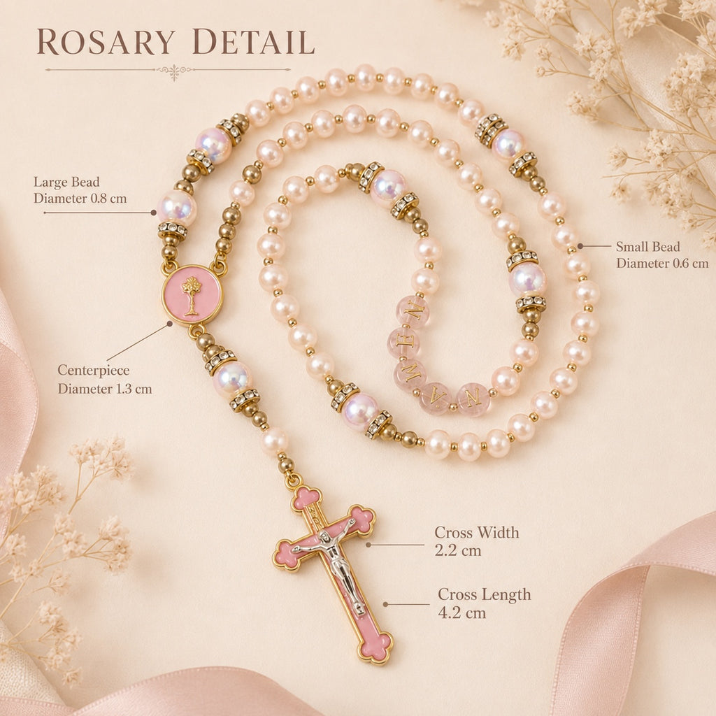 Wedding Rosary Beads for Bride, Pink Pearl Catholic Prayer Beads with Gold Crucifix, Bridal Bouquet Rosary Wedding Gift