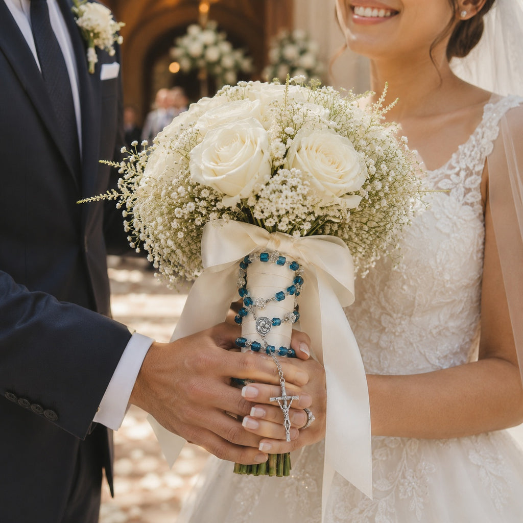 Bride holding a blue rosary wrapped around a white bridal bouquet, showing a Catholic wedding prayer beads tradition and a sentimental faith-inspired wedding keepsake.