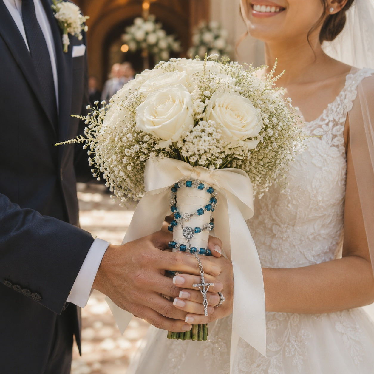 Bride holding a blue rosary wrapped around a white bridal bouquet, showing a Catholic wedding prayer beads tradition and a sentimental faith-inspired wedding keepsake.